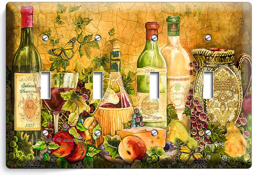 RUSTIC TUSCAN KITCHEN WINE BOTTLE WINEGLASS 4 GANG LIGHT SWITCH WALL PLATE DECOR