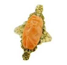 Art Nouveau 10K Yellow Gold Genuine Natural Coral Cameo Ring Floral (#J2227) - £263.77 GBP