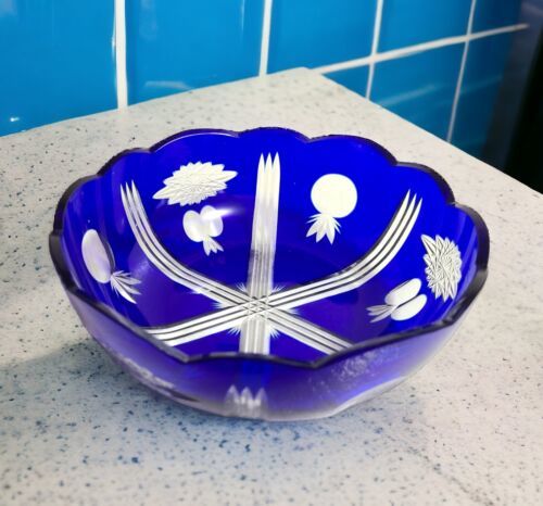 Primary image for Vintage Japanese Edo Kiriko Cobalt Cut to Clear Crystal 8" Serving Bowl