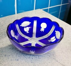 Vintage Japanese Edo Kiriko Cobalt Cut to Clear Crystal 8&quot; Serving Bowl - £27.45 GBP