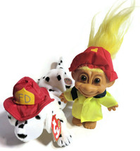 Russ Fireman Troll Doll &amp; TY Beanie Baby Dalmatian Fire-Dog Plush Toy - £23.66 GBP