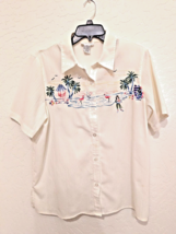 Alfred Dunner White Button Down Shirt Blouse Size 14 Embroidered Beach Vtg 1984 - £10.95 GBP