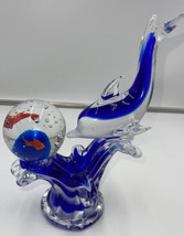 Murano Art Glass Dolphin On Control Bubble Ball With Goldfish Figurine 10 In - £118.70 GBP