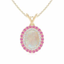 ANGARA Oval Opal Pendant with Double Diamond and Pink Sapphire Halo in 14K Gold - £871.83 GBP