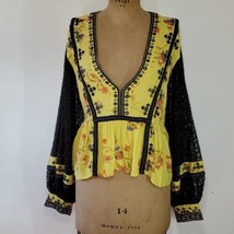 Free People Size L Blouse Peplum Lantern Sleeve Lace Floral Yellow Embroidered - $43.12