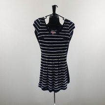 Candies XS Dress Navy Blue White Lined Short Sleeved Polyester Rayon 31&quot; Length - £14.53 GBP