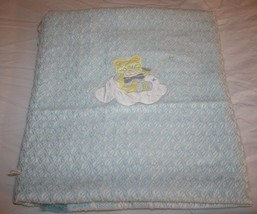 Teddy Bear Baby Blanket Clouds Stars Blue Acrylic Woven Yellow Applique Fringe - £17.01 GBP