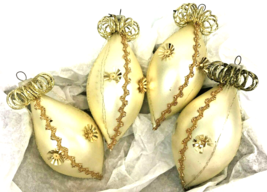 Vintage Glass Teardrop Christmas Ornaments Wire Wrapped 5&quot; Gold Sequin Set 4  - £22.51 GBP