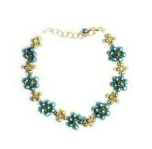 Teal and Gold Daisy Seed Bead Bracelet with Lobster Clasp - $5.99