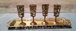 Brass Filigree Pedestal Set of 4 Shot Glasses with Serving Tray Leaves G... - $37.07