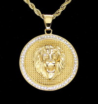 Roaring Lion CZ Pendant Stainless Steel Gold Plated 24&quot; Rope Never Fade/Tarnish - £12.75 GBP