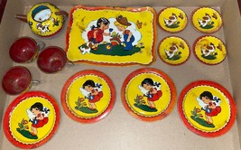 Vtg Tin Toy Tea Set Cups Saucers Tray Ohio Art Little Girl Puppy Dog Litho 13 Pc - £25.17 GBP