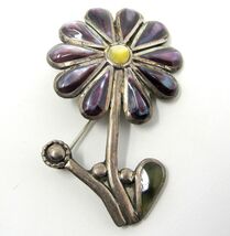 Purple Flower Pin Silver Vintage Green Leaf Yellow Center 2 1/4in Mexico... - $28.70
