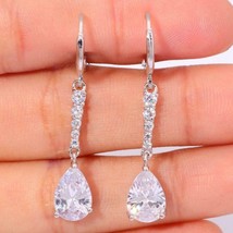 14K White Gold Plated Silver 4.30Ct Pear Simulated Drop/Dangle Gift Earrings - £86.12 GBP