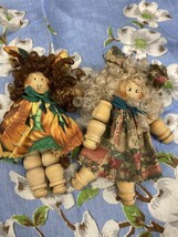 Pair Of Spool  Dolls Shelf Sitters  Sunflowers 5&quot; Tall Cute Hair - $14.43