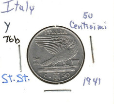 Italy 50 Cenisimi, 1941 Stainless Steel, KM 76 - £2.61 GBP