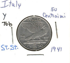 Italy 50 Cenisimi, 1941 Stainless Steel, KM 76 - £2.59 GBP