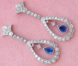 Art Deco 2.38ctw Diamond .90ctw Sapphire Platinum 1.5” Dangle Cocktail Earrings - £3,043.08 GBP