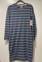 LULAROE LLR DEBBIE SIZE MED T-SHIRT DRESS LONG SLEEVE BLUE AND GRAY STRI... - $35.56