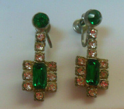 Vintage Silver-tone Green &amp; Clear Rhinestone Dangle Screw-back Earrings - $19.79