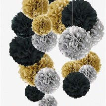 Party Pizzazz Tissue Paper Pom Poms - 18 Pcs Black, Gold, Silver Flower ... - $35.63