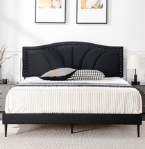 Queen Size Bed Frame Velvet Upholstered Platform With Decorative Line &amp;, Black - £106.91 GBP