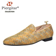 Piergitar New Arrival Gold Silk Men&#39;s Loafers For Wedding And Banquet Handmade M - £203.56 GBP