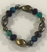 Beautiful Stretch Bracelet Marbled Glass Purple Plastic Beads CopperGreen Black - £7.86 GBP
