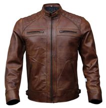 Men&#39;s Cafe Racer Retro Motorcycle Brown Leather Jacket - £44.82 GBP+