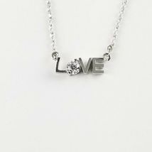 Love Silver Pendant Necklace Rhinestone 15"-17" Adjustable Chain Dainty image 2