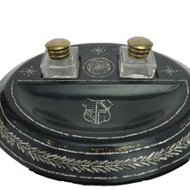 c1890 Papier Mache with Mother of pearl Inlay Double Inkwell with Pen rest - $222.75