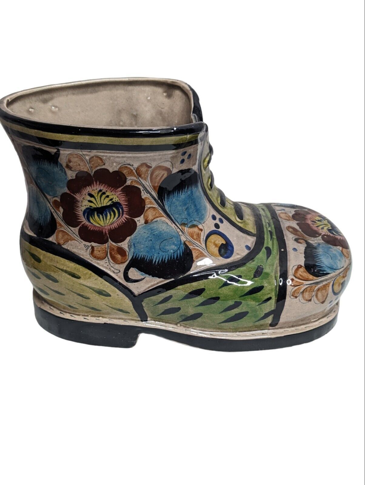 Primary image for Vintage 1979 Mexican Hand Painted Boot Floral Flower Ceramic Glaze Planter Vase
