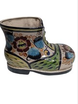 Vintage 1979 Mexican Hand Painted Boot Floral Flower Ceramic Glaze Planter Vase - £19.46 GBP