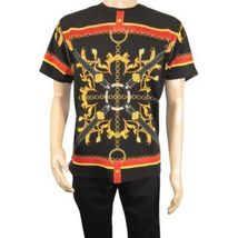 Men LAVERITA European Fashion Crew Shirt Rhine Stones Chain Florals 12085 Black image 8