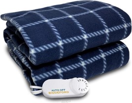 Biddeford Comfort Knit Fleece Electric Heated Warming Throw Blanket Navy Plaid - £33.62 GBP