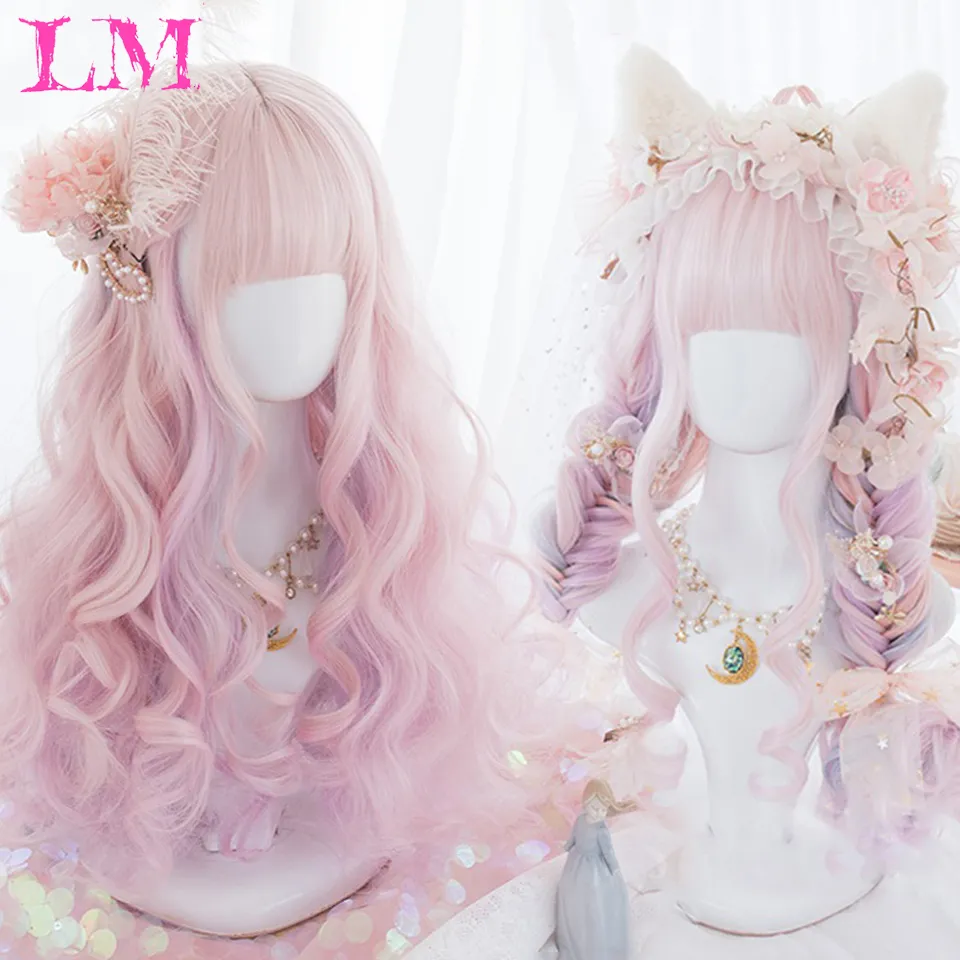 LM Synthetic Wig Long Ombre Pink Wigs Natural Wavy Heat Resistant Fiber f - £15.10 GBP+