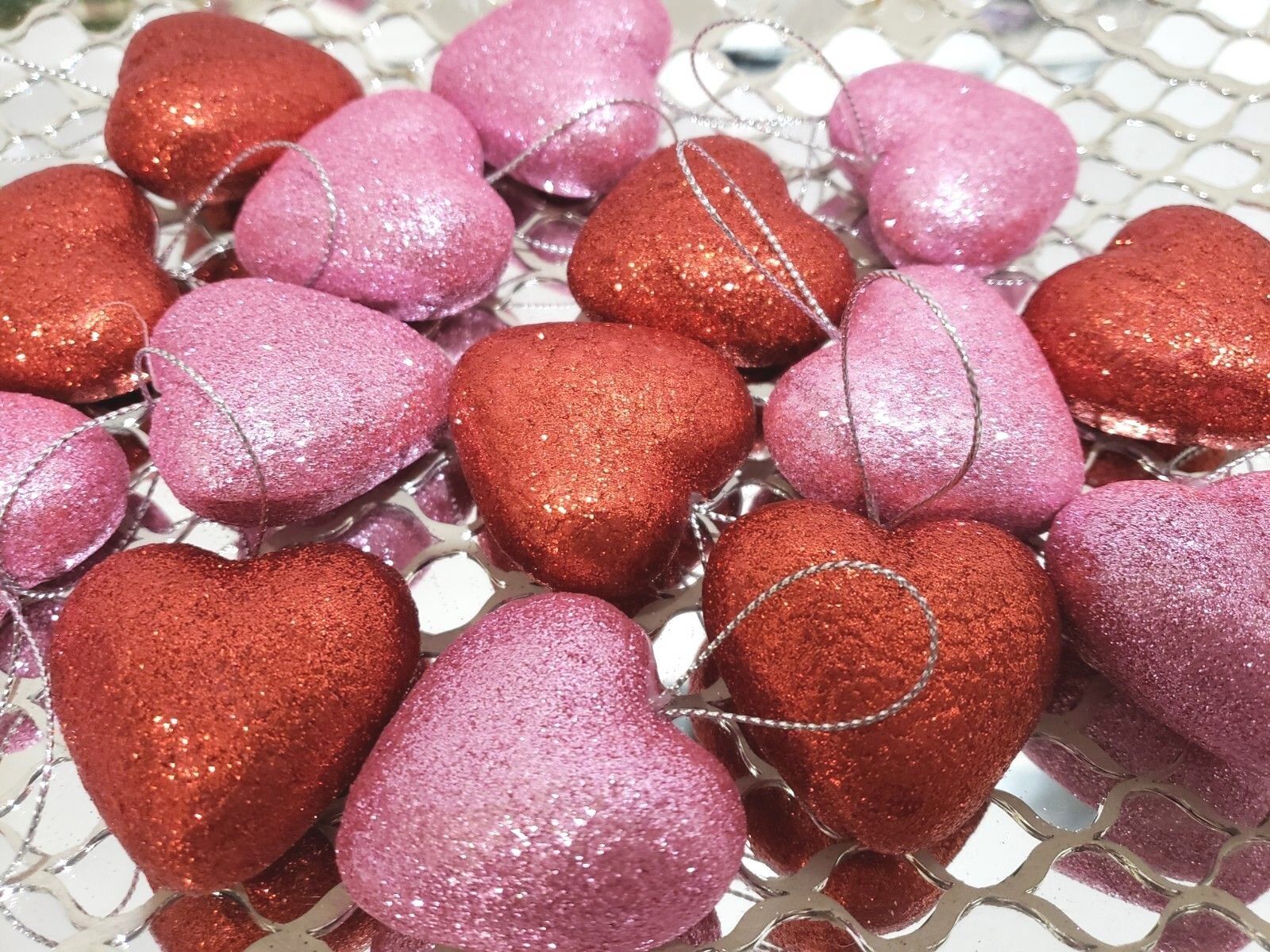 Valentines Day Pink Red Glitter Hearts Tree Ornaments 1.5&quot; Decor 15pc - $13.36