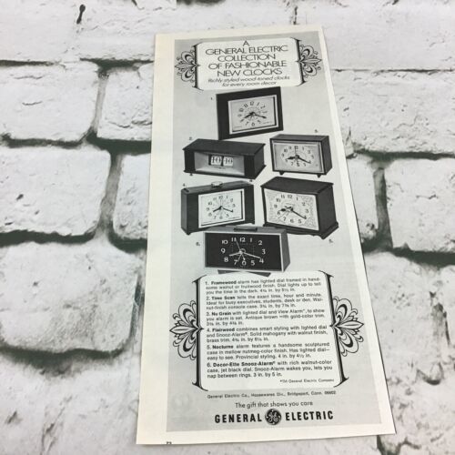 Primary image for Vintage 1969 General Electric GE Wood-Tone Clocks Advertising Art Print Ad