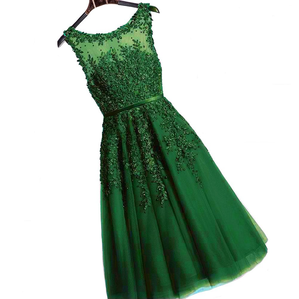 Kivary Sheer Bateau Tea Length Short Lace Prom Homecoming Dresses Plus Size Emer