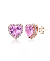 3Ct Lab-Created Heart Cut Sapphire Halo Stud Earrings in 14K Rose Gold over 925 - £46.60 GBP