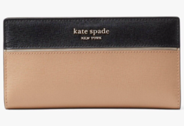 R Kate Spade Morgan Slim Bifold Wallet Beige Black Leather K7217 NWT $148 FS - $69.29