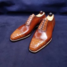 New Handmade tow Tone Shoes, tan Alligator Texture Shoes, Men&#39;s Dress Cap toe Sh - £109.90 GBP