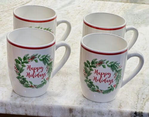 Primary image for Royal Norfolk Coffee Tea Mugs 12oz Christmas Happy Holiday Holly Wreath Set of4