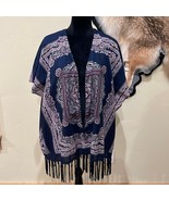 Blu Pepper Poplin Poncho Handkerchief Fringe Beach Vacation Blue White - $25.32 CAD