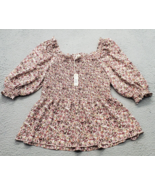 Max Studio Peplum Top Women&#39;s L Multi Floral Ruched Balloon Sleeve Off S... - $36.64 CAD