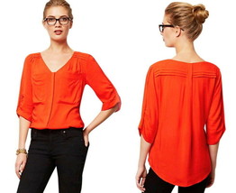 Anthropologie Drapey Pleated Henley Top P10 Petite Large Red Front Pocket Blouse - £41.59 GBP