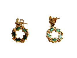 Vintage Rhinestone Christmas Wreath Earrings Dangling Stud Style Green, Gold - £6.28 GBP