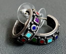 VTG Southwestern Zuni Style Multi Stone Inlay Sterling Silver Hoop Earrings - £32.32 GBP