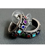 VTG Southwestern Zuni Style Multi Stone Inlay Sterling Silver Hoop Earrings - $41.84