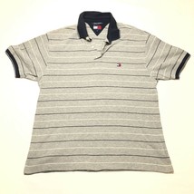Vintage Tommy Hilfiger Polo Shirt Mens L Gray Blue Striped Collared Flag Logo - £10.46 GBP